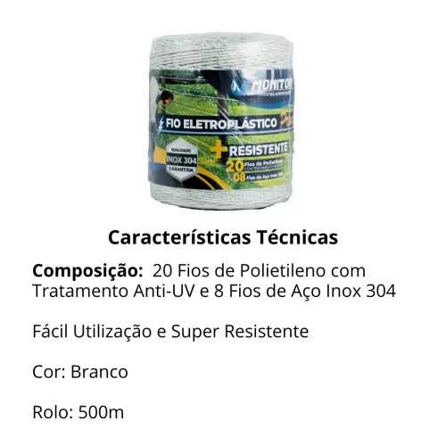 Fio Eletroplástico Cerca torcido 20×8 500m Branco Monitor