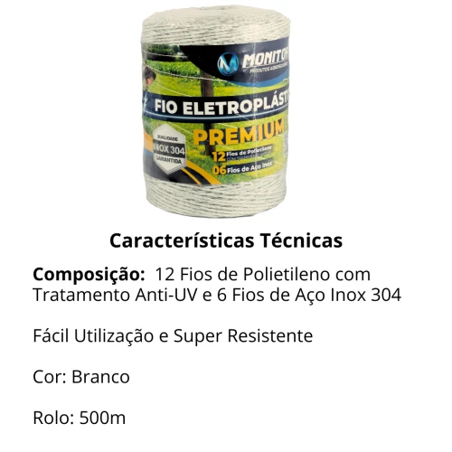 Fio Eletroplástico Cerca torcido 12×6 500m Branco Monitor
