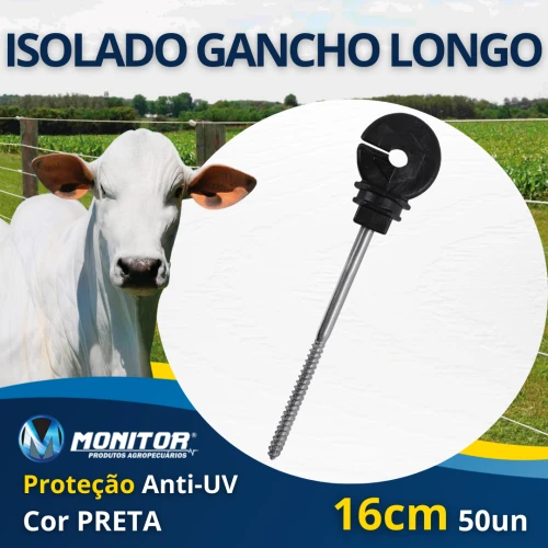 50un Isolador Gancho Longo 16cm p/ Cerca Preto - Monitor